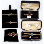 Six Victorian / Edwardian 9ct pin brooches, diamonds / garnets,