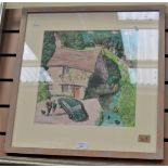 Unusual 'fish-eye' watercolour of 'Small Cottage Bibury Gloucs' Francis Farmar,