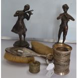 A pair of reproduction bronze figures, two silver filigree mounts,
