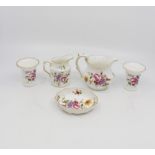 Royal Crown Derby milk jug, miniature jug, two vases, pin dish.