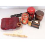 Mixed group containing opera glasses, inkwell, wooden stamp box with enameled stamp on top,