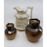 19th Century Cream Ware wine jug, decanter, with grapes and the Roman God Baccus of Wine,