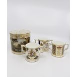 Early Derby 'In Germany' Tankard (A/F) with three Royal Crown Derby loving cups