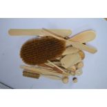 Ivory, bone, a billet du ivory, ivory tweezers?, sewing and crochet items,