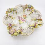 Large German porcelain pierced and flower and fruit encrusted bowl