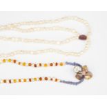 A fresh water pearl, amber and tanzanite necklace,