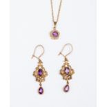 Amethyst 9ct gold pendant with chain and matching earrings