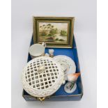 A collection of porcelain including English porcelain hand painted plaque and cup, German porcelain,