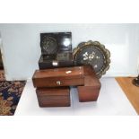 Rosewood work box A/F, mahogany tea caddy, glove box and contents, Japanese tea caddy,