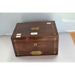 Victorian mahogany vanity/jewellery box with silver rouge and powder glass jars with ivory