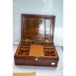 Mahogany and satin wood Victorian sewing box with lift out tray revealing four small drawers and