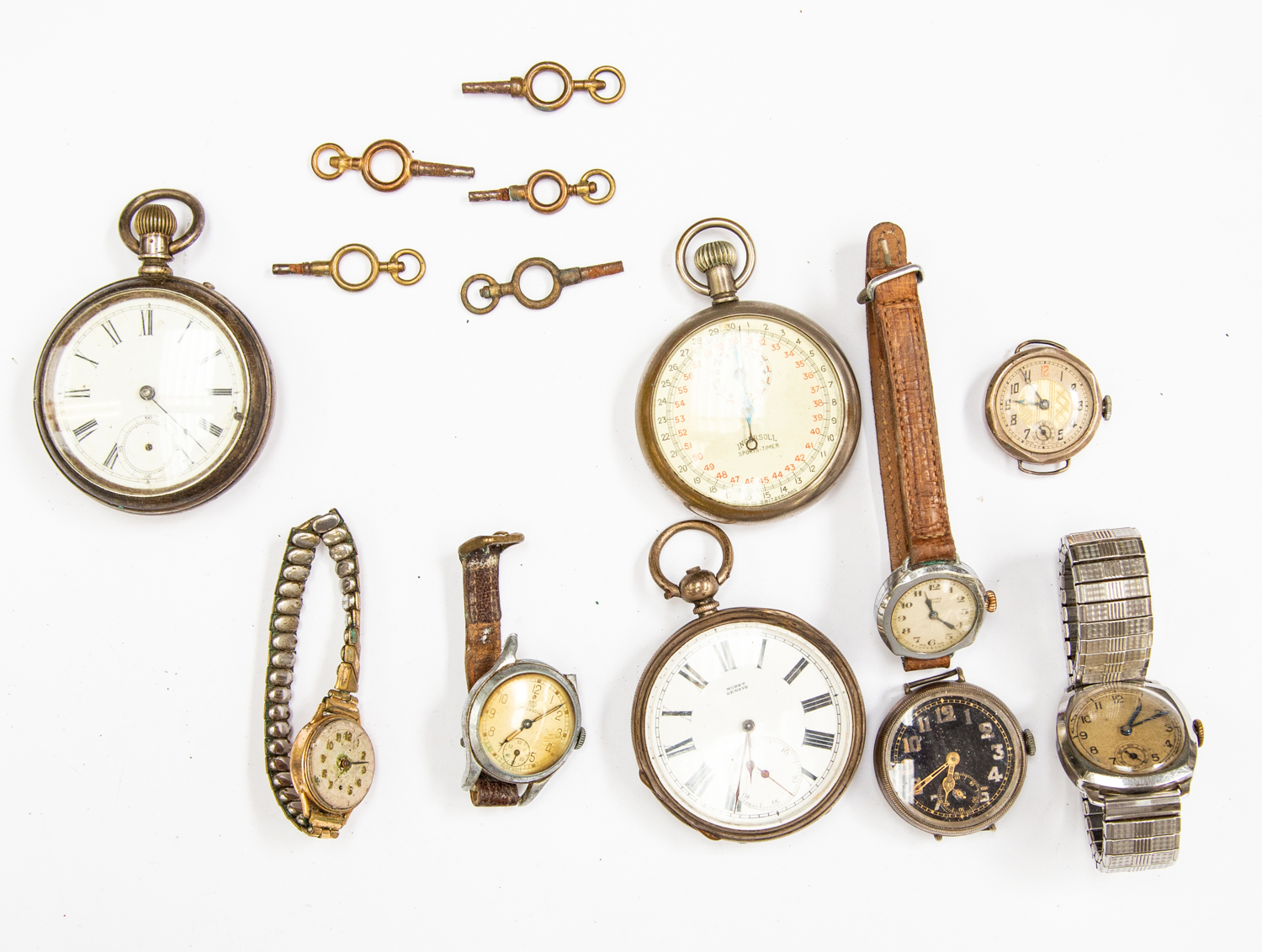 An early wristwatch circa WWI, black dial, A/F, silver cased watches and stop watch etc,