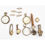 An early wristwatch circa WWI, black dial, A/F, silver cased watches and stop watch etc,