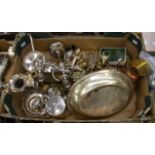 A collection of assorted brassware and silver plate, including teapots, copper jug,