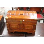 Mahogany and brass inlaid small work chest, two side handles,
