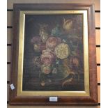 Oil on canvas, still life of flowers, in wooden frame, with a pair of mirrors,