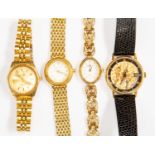 A gent's gold plated, skeleton wrist watch, Swiss mechanism, Semag, together with three ladies,