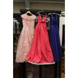 A collection of 1950's evening dresses; one is very early 1950's, chiffon, cobalt, wide straps,