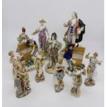 A collection of 17 various Continental figures in the 18th Century style including muses, cherub,