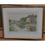 Watercolour - F.R Becker, The River at Gargrave. Framed and glazed.