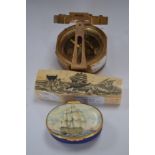 Reproduction brass 20th Century compass faux ivory coffin and modern pill box of Victory