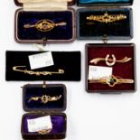 Six Victorian gold dress pins, amethyst, seed pearl,