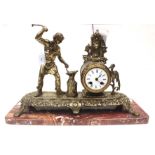 French brass clock on rouge marble base,