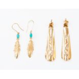 Two pairs of 14ct gold earrings, one pair set with turquoise, total gross weight approx 9.