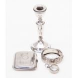 A sovereign fob, Birmingham 1904, cigarette case, bangle and weighted candle stick,