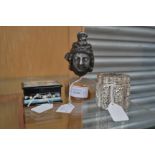 A Roman style cast head of a Goddess mounted on an onyx base, a painted Russian box,