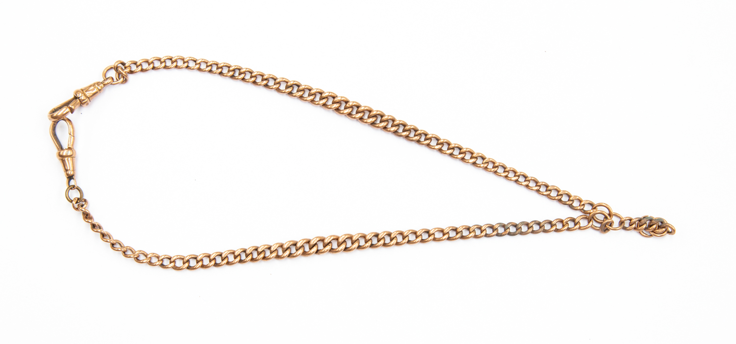 A 9ct rose gold watch chain, approx 25.