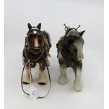 A Beswick style Clydesdale Shire Horse in harness together with a grey Shire horse (harness damaged