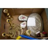 Brass ware collectors lot; trivet and two pairs of candle sticks,