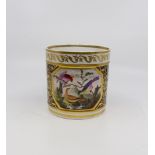A Derby Bloor large mug, painted with a panel of exotic birds, printed mark, height 13 cms,