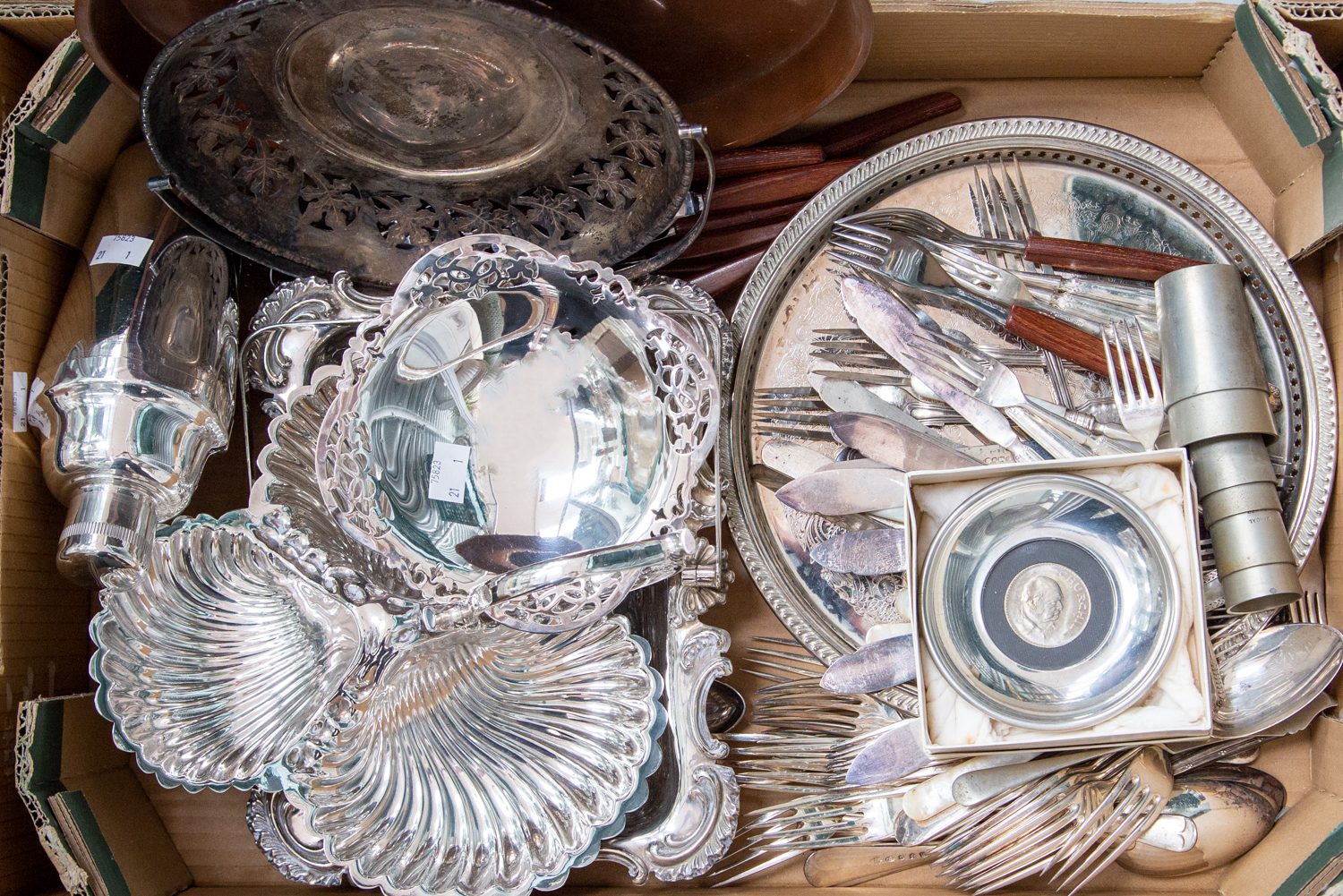 A collection of silver plate, EPNS ware including cocktail shaker, bonbon dish, galleried tray,