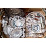 A collection of silver plate, EPNS ware including cocktail shaker, bonbon dish, galleried tray,