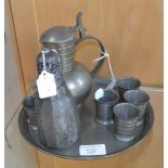 Norwegian pewter decanter set and six tots, plus tray, an Art Deco Norwegian pewter,