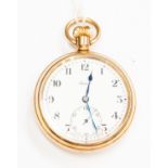 A Federal unmarked yellow metal open faced pocket watch, subsidiary dial, white enamel,