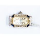 A ladies Art Deco diamond and sapphire set platinum cocktail watch,