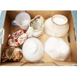 Three stone jelly moulds including one Wedgwood, with two Masons jugs and one Japanese style saucer,
