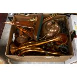 A collection of copper and brass ware to include trench art, hot water bottle,