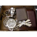 Fish eaters and servers, silver collars, boxed, boxed butter/side knives, fruit set box, baskets,