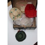 Dolls straw hats and clothes in a lockable French doll chest,