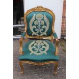 Two reproduction French chairs in gold and green