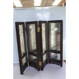 Four fold miniature screen with two mirrored panels and two silk panels Chinese hard wood