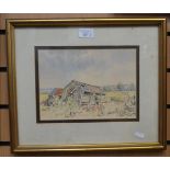Watercolour of a shore scene, 'On the Beach, Hastings' verso by J.