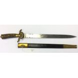 Hunting Cutlass with 41cm single edged blade with etched decoration of hunting scenes to both sides.