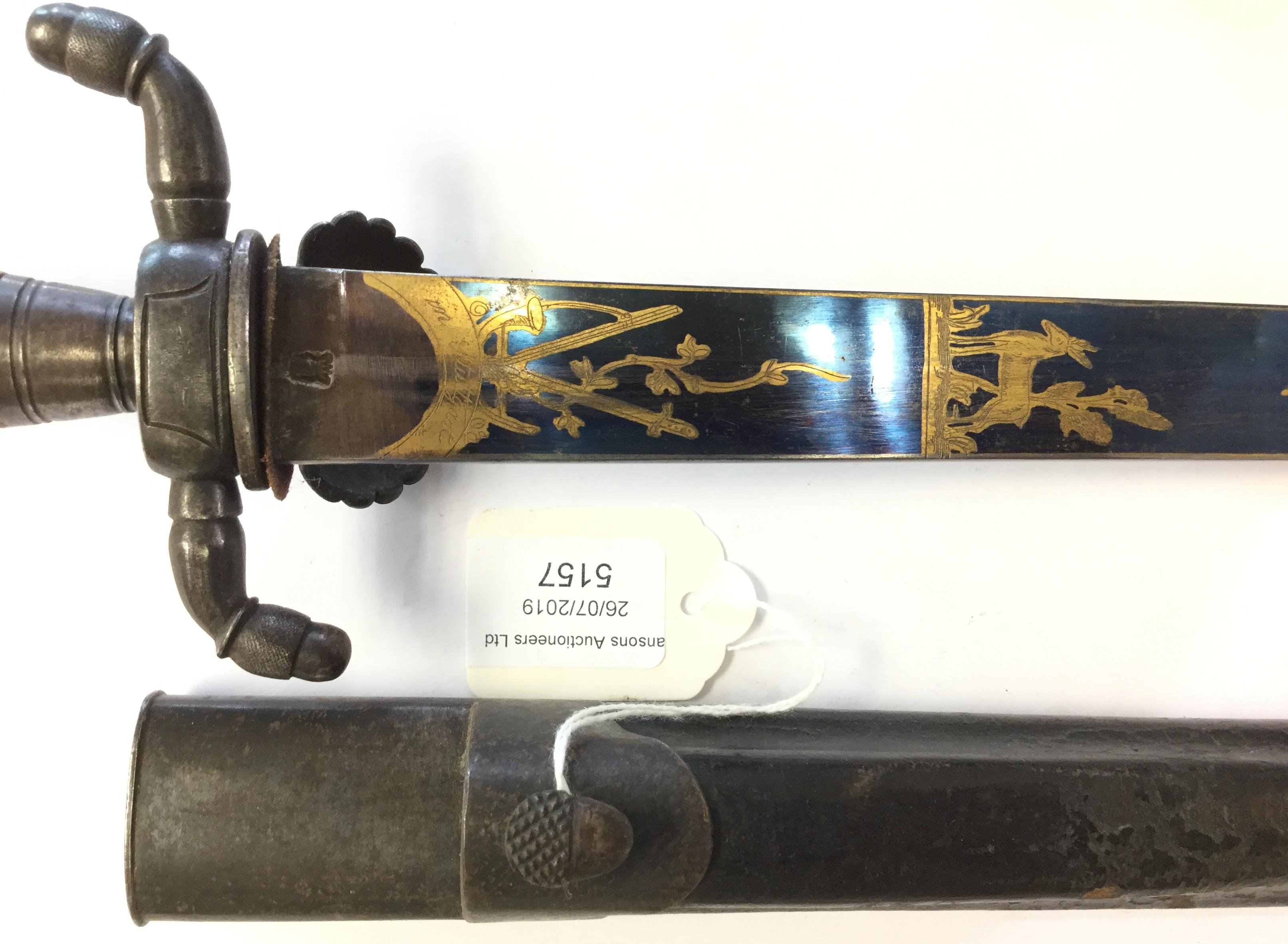 19th Century German Hunting Sword with blued and gilded panel to both sides of the 46cm long blade - Image 2 of 3
