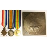 WW1 British 1914-15 Star, War Medal, Victory Medal and Death Plaque to 1282, Clp F Rourke,