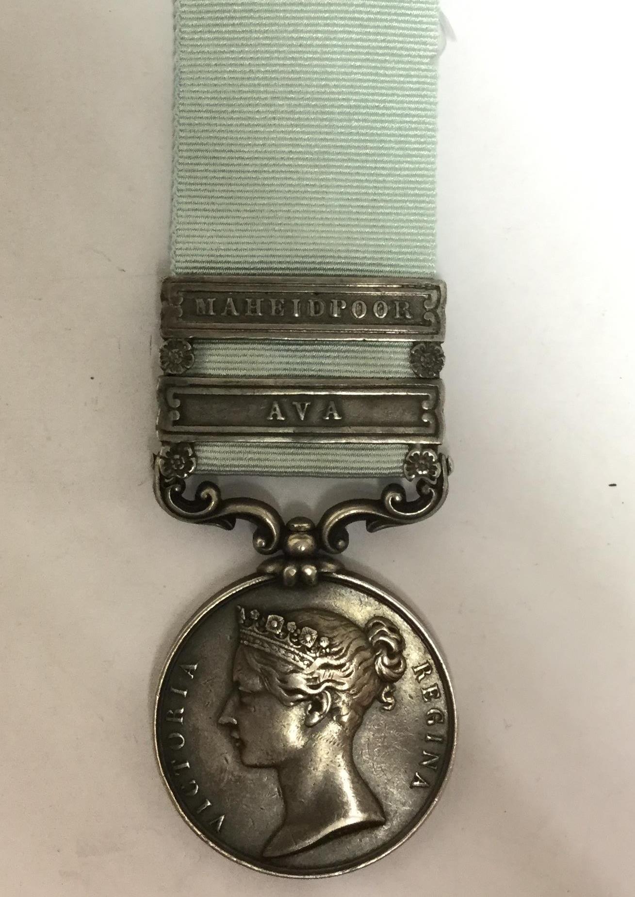 Army of India Medal with Maheidpoor and Ava Clasps to H Blair, 1st Foot. Short Hyphen reverse.